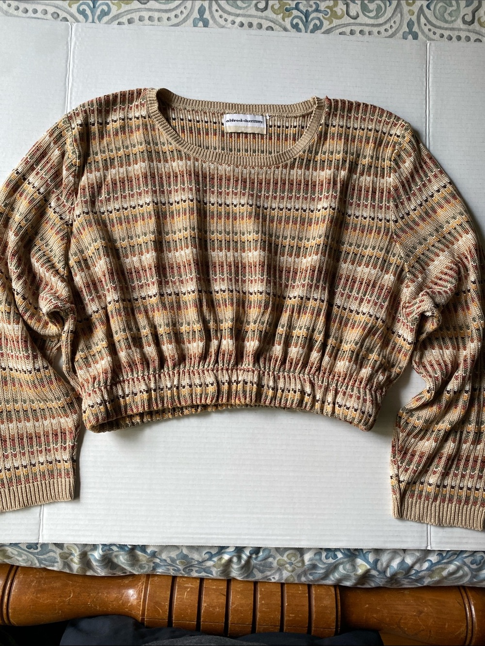 Alfred Dunner boho vintage Striped Cropped Knit Sweater in Tan, Mustard & Rust
